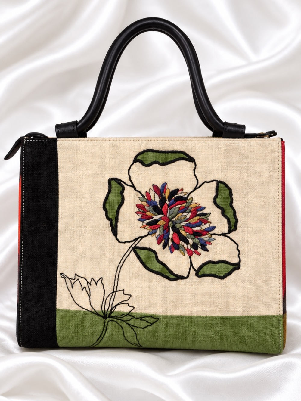 TALBOTS Embroidered Floral Canvas Tote Handbag Multicolor Flower & Black Handles